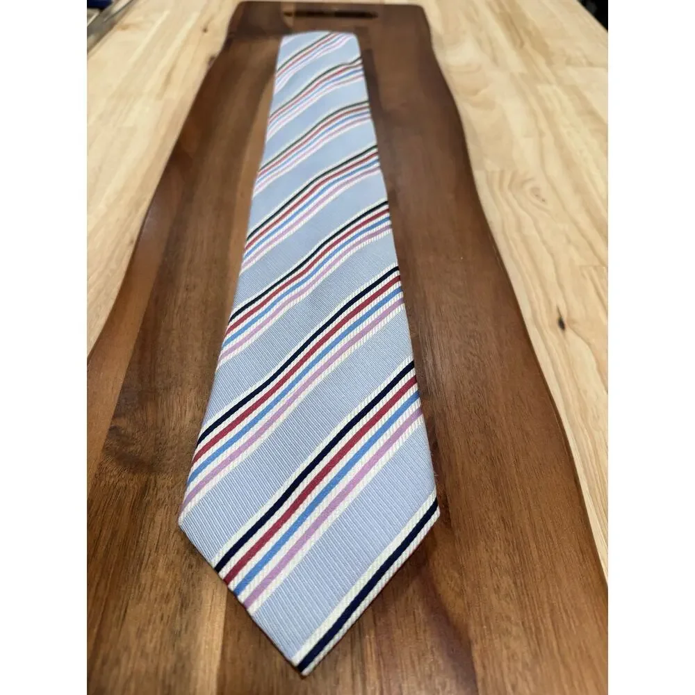 Canali Light Blue Striped Silk Tie with Navy, Pink and Burgundy Accents